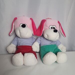 VTG Nanco Lot Of 2 Puppy Dog Twin Plush Stuffed Toy Striped Shirt Cord Pants 10"